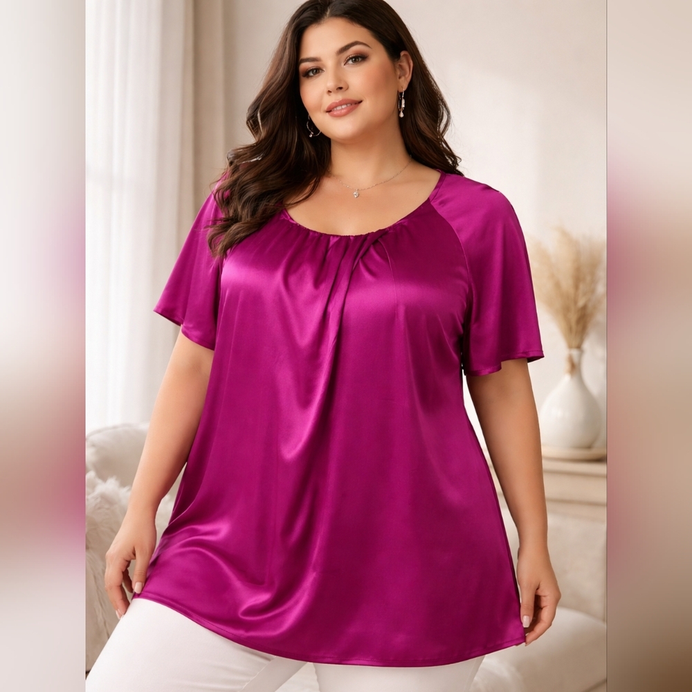 MICHAEL Michael Kors Satin Short-Sleeve Blouse in Fuchsia